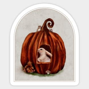 Cute Halloween Pumpkin Watercolor White Rabbit, Mushrooms, and Red Squirrel Sticker